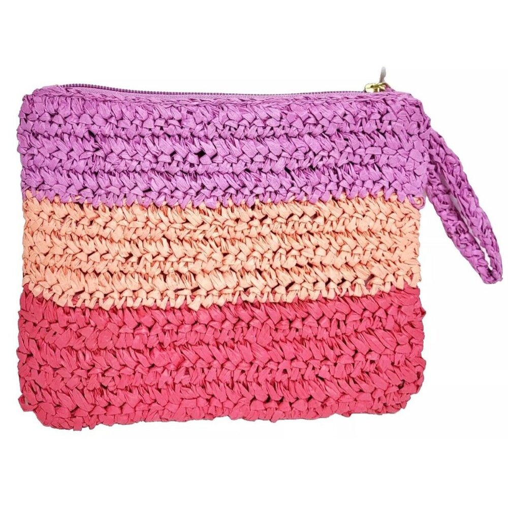 J.Crew Womens Pink Purple Striped Straw Clutch Wristlet Perfect Summer Purse NWO